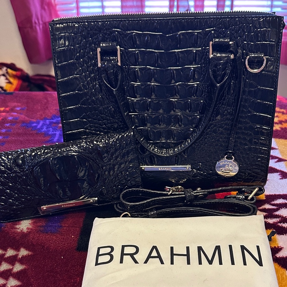 Brahmin Black Croc-Embossed Satchel and Wallet Set
